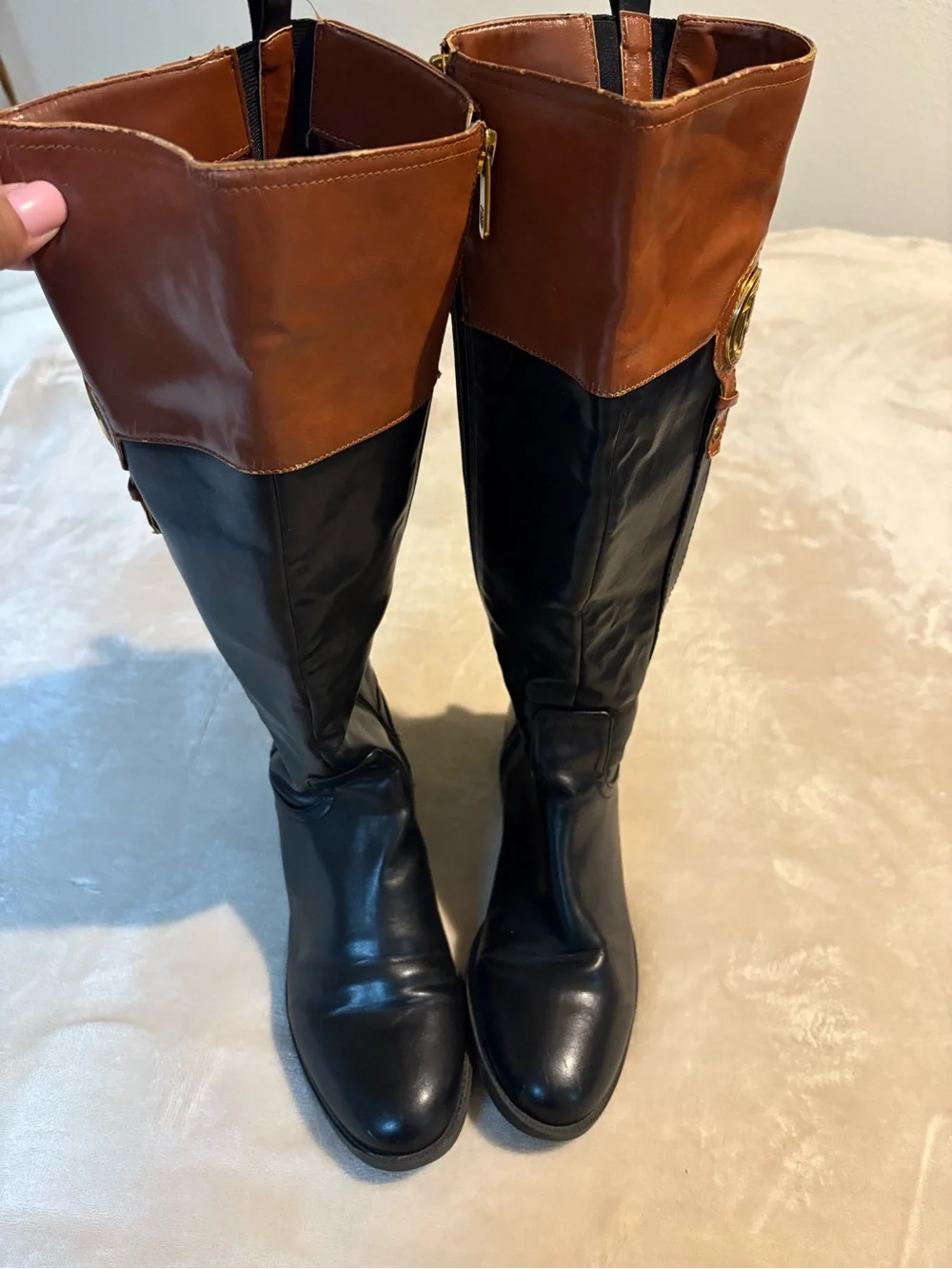 Tommy Hilfiger Black and Brown Leather Riding Boots with Gold Logo